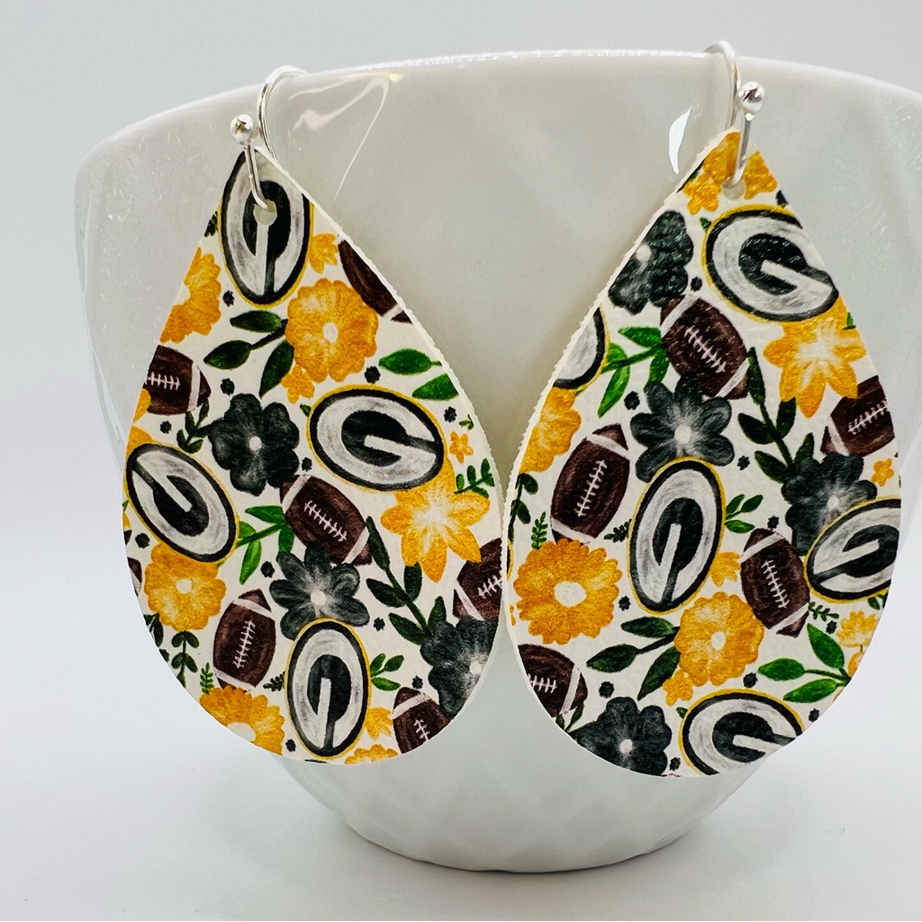 Packer Floral Teardrop Earrings. Green Bay Football. Vegan Leather, Handmade